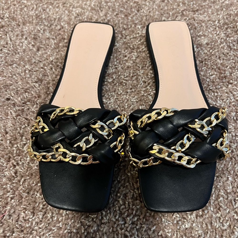 Mixx Shuz Black Braided Gold Chain Slide Sandals